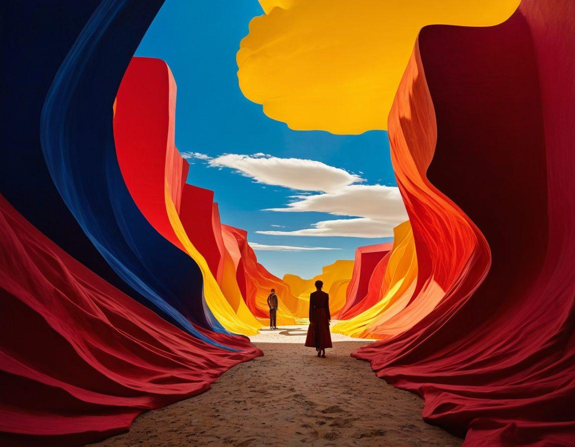 A surreal landscape symbolizing the journey through controversial perspectives, featuring a winding path flanked by towering, abstract sculptures representing different viewpoints. The sky is painted with clashing colors, embodying tension yet curiosity, while shadows of people engage in spirited discussions nearby. Visually striking details highlight contrasting emotions, inviting viewers to explore. vibrant colors. surrealism. dramatic lighting.
