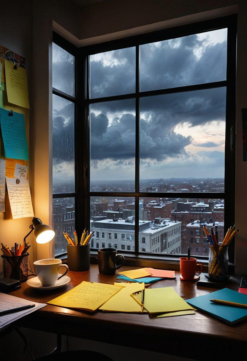 A creative workspace featuring an open notebook with scribbled notes on various contentious topics, surrounded by vibrant post-it notes. A steaming cup of coffee sits nearby, symbolizing the writer's contemplative process. The backdrop should include a window with a stormy sky, reflecting the tension of disagreeable subjects, while warm light from a desk lamp highlights the scene. super-realistic. vibrant colors. cozy atmosphere.