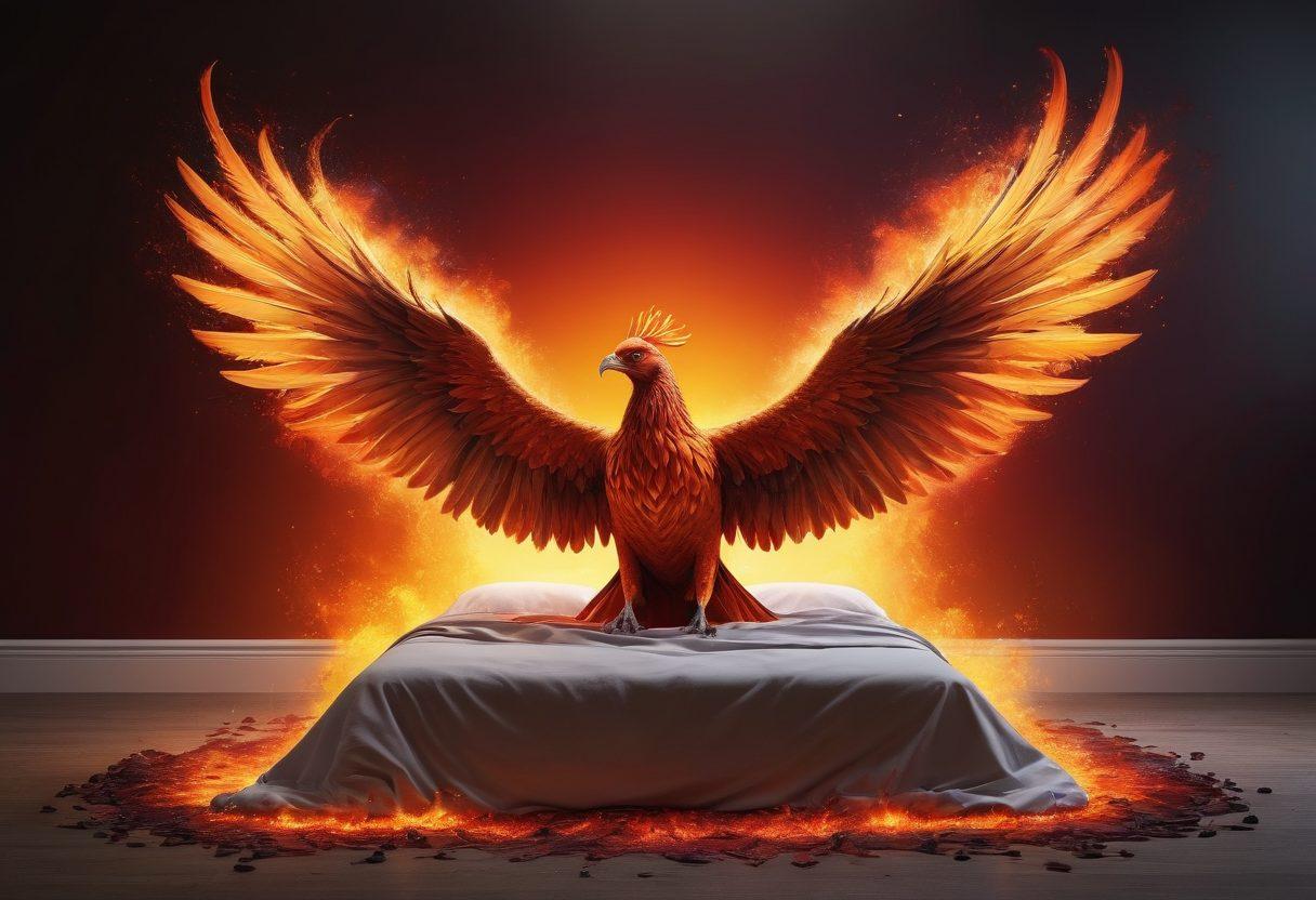 A visually striking phoenix rising from ashes, symbolizing transformation and growth, surrounded by controversial symbols morphing into vibrant light bulbs representing ideas. The background should depict a gradient from dark to bright, illustrating a journey from negativity to enlightenment, with an inviting atmosphere. super-realistic. vibrant colors. 3D.
